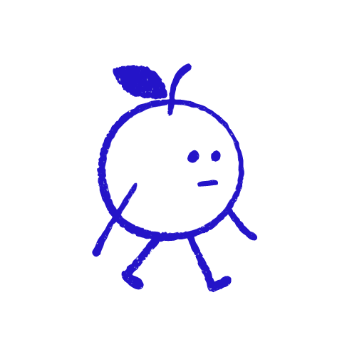A child-like blue crayon doodle of a round apple with a stem and a solid leaf, walking on two stick legs.