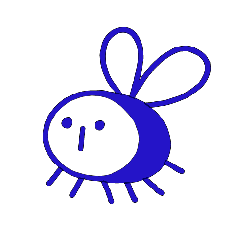 A child-like blue crayon doodle of a round bee with one solid band, two looped wings and six tiny legs, flying along.