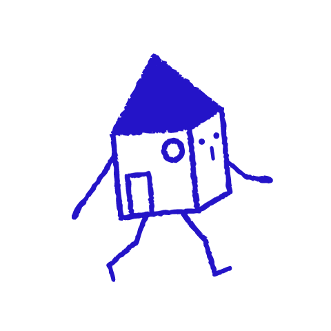 A child-like blue crayon doodle of a small house with a solid roof, a door and a round window, walking on two stick legs.