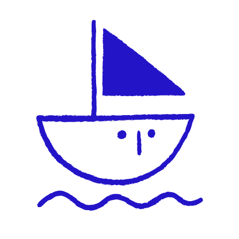 A child-like blue crayon doodle of a half-moon boat with a solid triangle sail, floating on one wavy line.