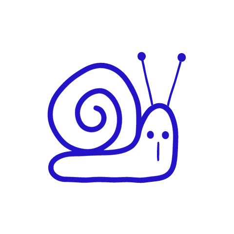 A child-like blue crayon doodle of a snail with a spiral shell and two feelers, crawling along with a small dotted face.