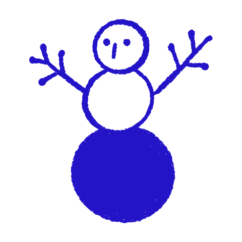 A child-like blue crayon doodle of a snowman of two circles, the bottom one solid, with twig arms spread wide.