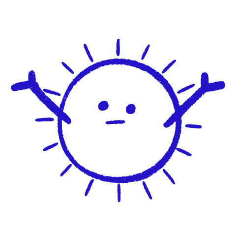A child-like blue crayon doodle of a round sun with short rays and a calm dotted face, both stick arms raised wide.