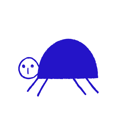 A child-like blue crayon doodle of a turtle with a solid dome shell and a small round head, walking on short stick legs.