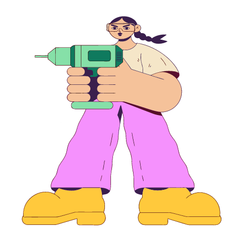 A flat pop illustration with a thin plum outline of a woman with a braid holding a mint power drill forward with both hands.