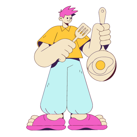 A flat pop illustration with a thin plum outline of a boy with spiky pink hair holding a frying pan with an egg and a spatula.
