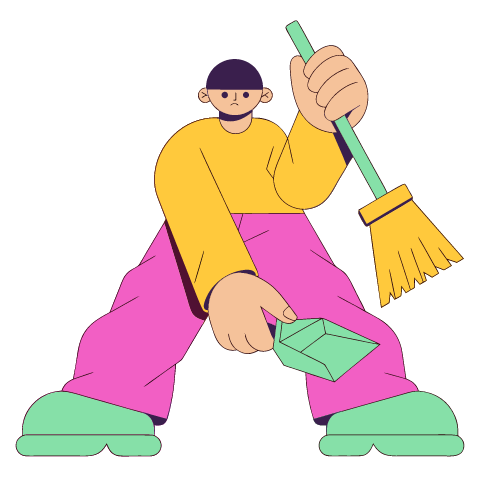 A flat pop illustration with a thin plum outline of a boy with a bowl haircut sweeping with a broom and holding a mint dustpan.