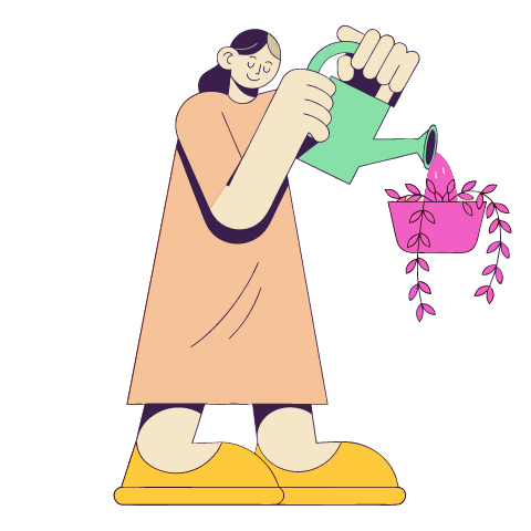A flat pop illustration with a thin plum outline of a woman in a long dress pouring water from a mint watering can into a hanging pink planter.