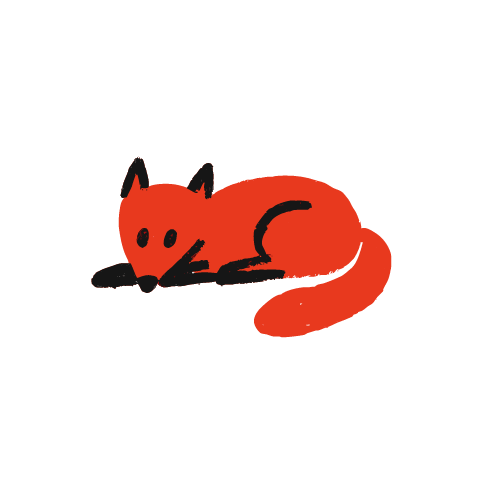 A soft red crayon doodle of a fox lying curled with black ears and a long tail.