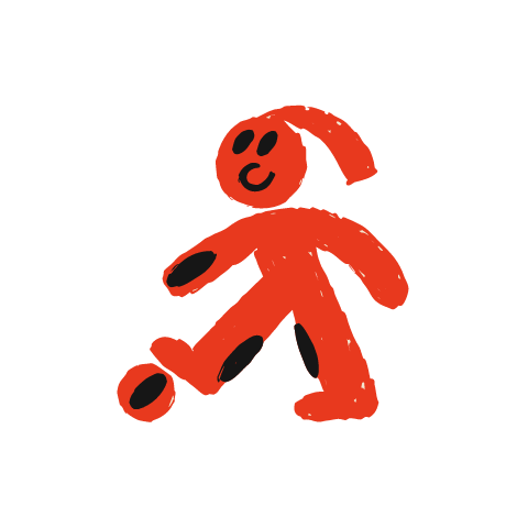 A red crayon boy running forward and kicking a small ball with one foot.
