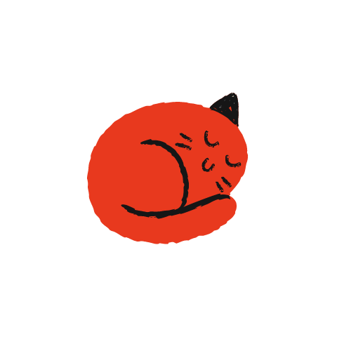 A red crayon cat curled up asleep, with closed black eyes and one small black ear.