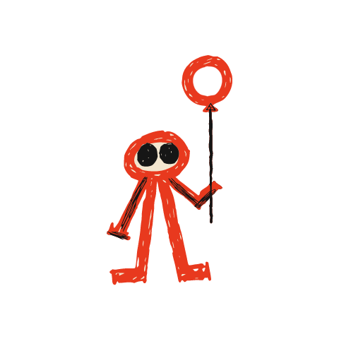 A red crayon stick-figure child with two big black eyes, holding a string tied to a round hollow red balloon.