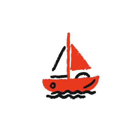 A red crayon sailboat with one triangular sail above a small hull, floating on black wavy lines.