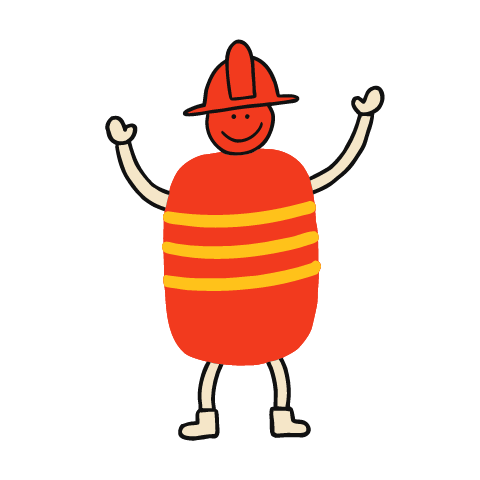 A firefighter in a straight red coat with yellow stripes and a red fire helmet, cheering with both sand arms raised.