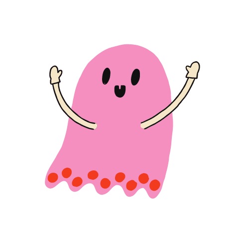 A pink ghost-like monster with a wavy hem dotted with red spots, black oval eyes and a small open smile, floating and waving both sand arms.