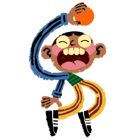 A figure leaping high with a shout, holding an orange basketball up in one hand, in a blue jacket and yellow striped trousers.