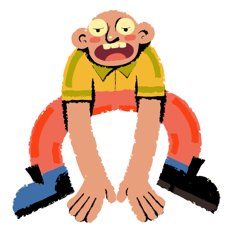 A bald man with droopy eyes slumped forward with both hands on the floor, in a yellow shirt and coral trousers.