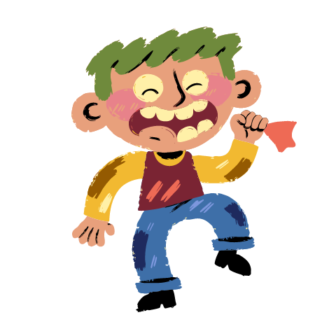 A young man with green hair and a wine vest stomps a dabke step, waving a small red handkerchief and grinning.