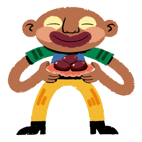 A bald figure with a calm closed-eye smile holding out a plate of dates, in a green and blue top and yellow trousers.