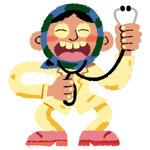 A doctor in a blue and green headscarf and a cream coat, grinning and holding up a stethoscope.