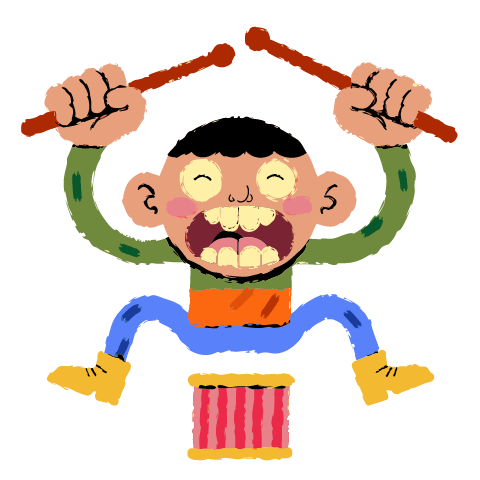 A figure with black hair raising two red drumsticks over a striped red drum, in a green sweater and blue trousers.