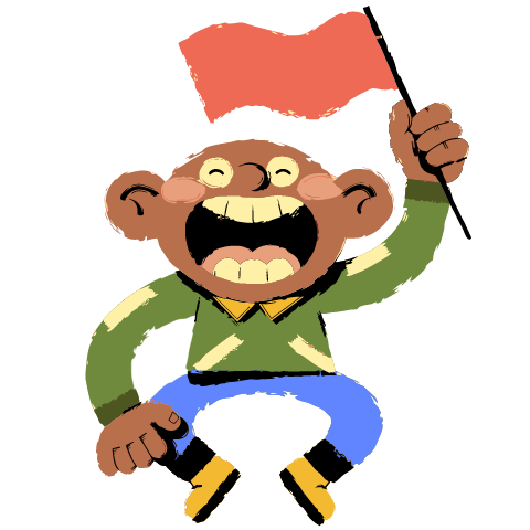 A figure jumping with a wide open shout, waving a coral flag high, in a green sweater and blue trousers.
