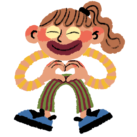 A girl with a ponytail makes a heart shape with both hands in front of her chest, smiling sweetly.