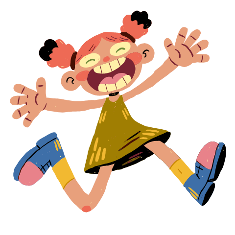 A figure with red pigtails and a huge toothy grin leaping with arms flung wide, in a mustard dress, yellow socks and blue shoes.