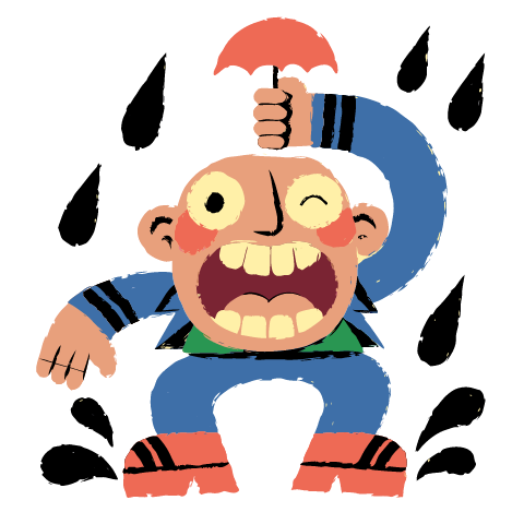 A winking figure shouting under black raindrops while holding a tiny coral umbrella just above its head, in a blue jacket.