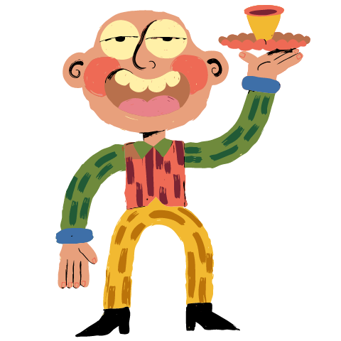 A bald waiter with a sleepy smile holding a tray with a small cup high on one hand, in a red striped vest and yellow trousers.