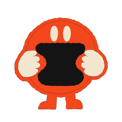 A round red-orange bun mascot with two cream oval eyes, a huge black open mouth, cream hands on its cheeks and small red legs.
