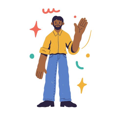 Karim, with a neat beard, a mustard shirt and denim trousers, raises one hand to wave hello.