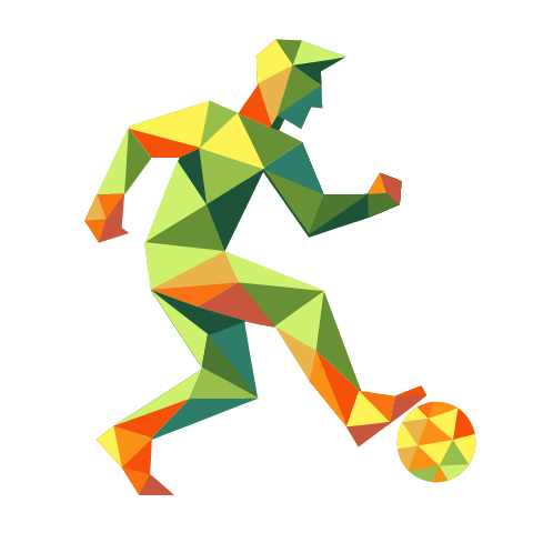 A low-poly boy in lime, green and orange triangles, swinging one foot to kick a small faceted ball.