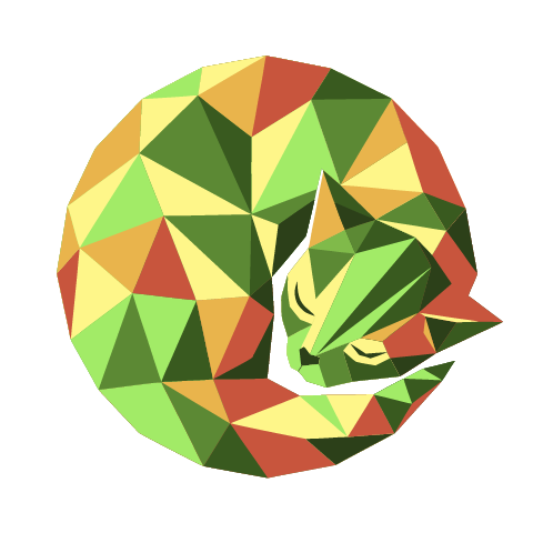 A low-poly cat curled into a round ring of green, yellow and rust triangles, its head tucked against its body and its eyes shut.