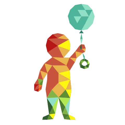 A low-poly child built from red, orange and yellow triangles with green legs, holding up a round teal balloon on a short string.