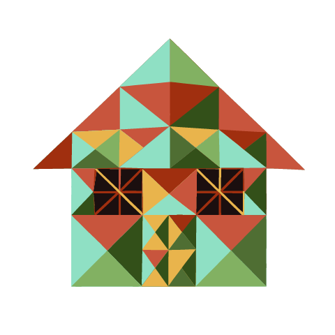 A low-poly house with a pitched roof, two dark windows and a small door, built from mint, rust and green triangles.