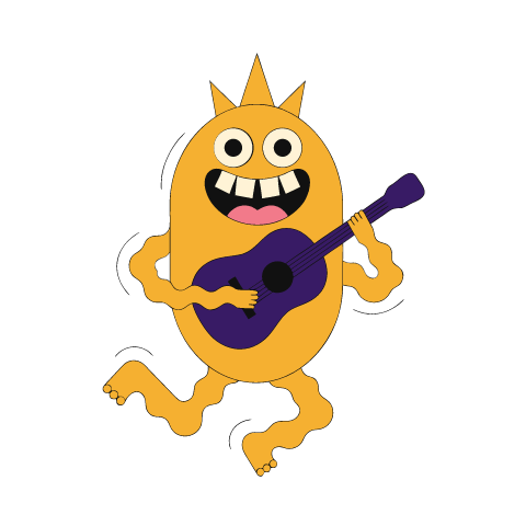 A yellow monster with three spikes on its head grinning and strumming a dark purple guitar.