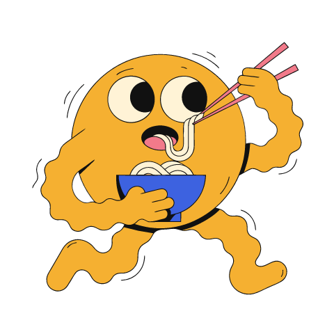A round yellow monster with two big eyes slurping noodles from a blue bowl with pink chopsticks.