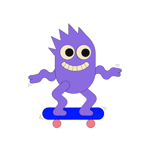 A purple spiky-headed monster with two big eyes and a toothy grin, riding a blue skateboard with pink wheels, arms out for balance.
