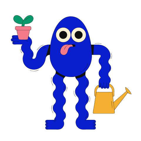 A tall blue monster with two eyes and a pink tongue holding up a potted sprout in one hand and a yellow watering can in the other.