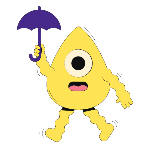 A yellow teardrop-shaped monster with one big eye walking under a dark purple umbrella.
