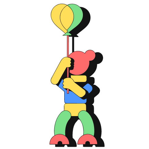A neo-brutalist child built from chunky blocks, with a featureless red head, yellow arms, a blue shirt and green legs in red shoes, holding a stick with a yellow and a green balloon, all cast in a heavy black offset shadow.