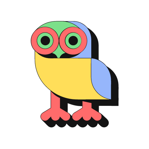 A neo-brutalist owl with a yellow body, big red-ringed eyes on a green face, a light blue wing and red feet, outlined in black with an offset shadow.
