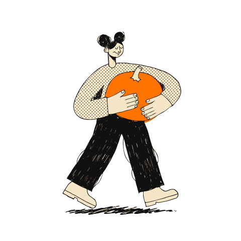 رسم بالحبر بأسلوب الطباعة الريسوغرافية لامرأة بكعكتين من الشعر تمشي وتحمل بذراعيها يقطينة برتقالية كبيرة.
