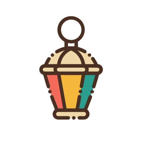 A domed Ramadan lantern with a ring handle and coloured glass panels.