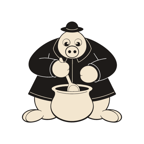 A cream pig in a black coat and small bowler hat stirring a big cream pot with a wooden spoon, in black and cream rubber hose style.