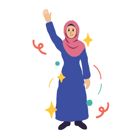 Salma, in a dusty rose hijab and a long indigo dress, raises one hand high to wave hello.