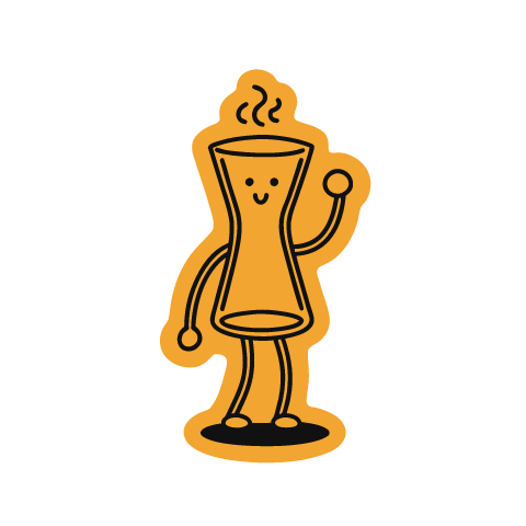 An amber tea glass sticker with steam curls rising from its rim, one hand raised.