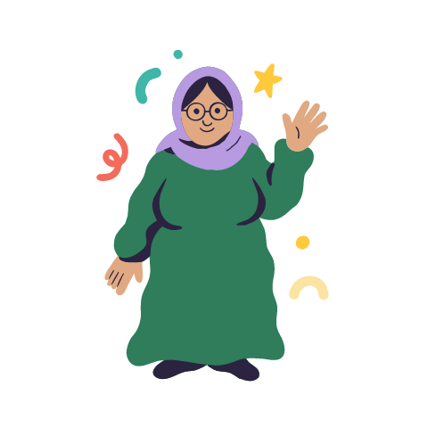 Teta, in her lilac headscarf and long green dress, waves hello with one raised hand and a smile.