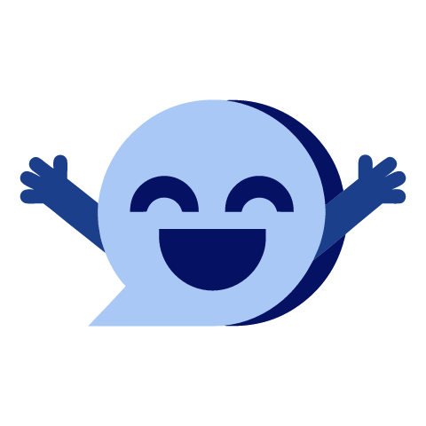 A flat blue speech bubble mascot with closed smiling eyes and a wide open mouth, spreading two dark blue arms as if telling a story.